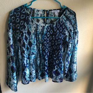 Patrons of Peace Semi-Sheer Smocked Tie-Dye Boho Blouse. Blue Abstract Print. M